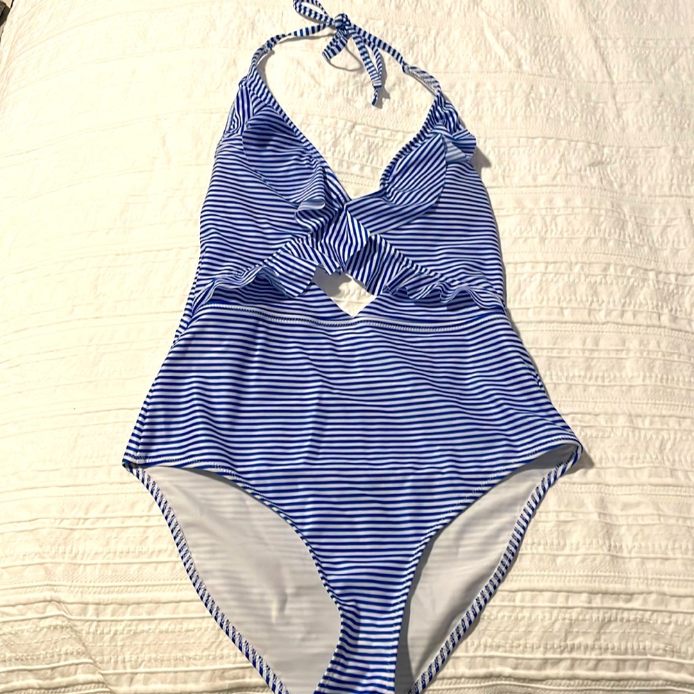 Aerie blue striped one piece bathing suit